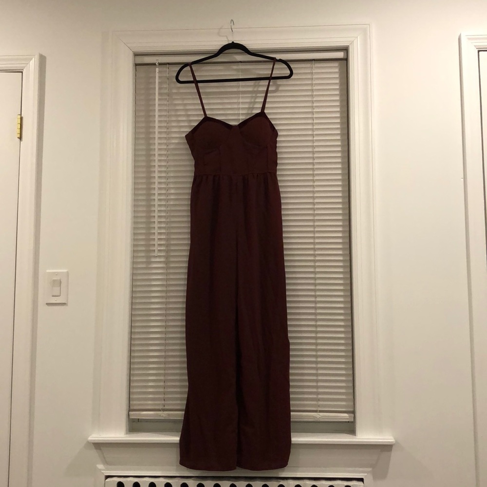 Burgundy romper with built-in cups and pockets